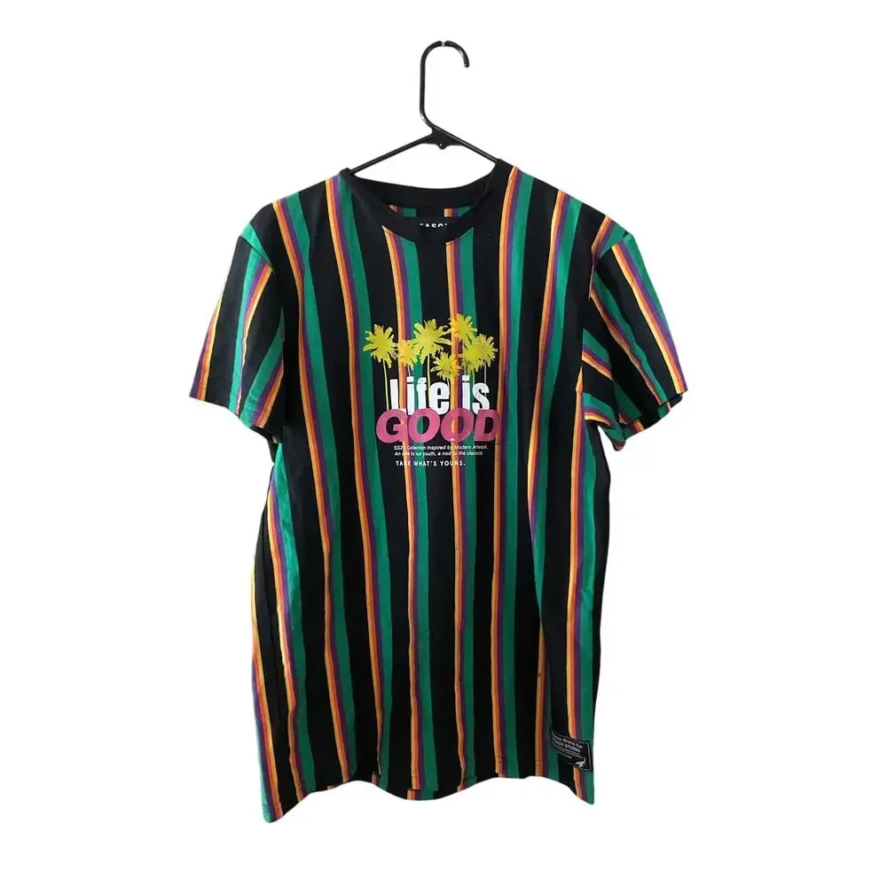 Reason Brand Co SS21 Life Is Good Graphic Striped T-Shirt Men’s M Palm Tree